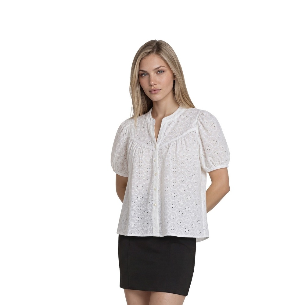 Artelier Nicole Miller Eyelet Top Blouse Womens Size XS White Puff Sleeve Cotton